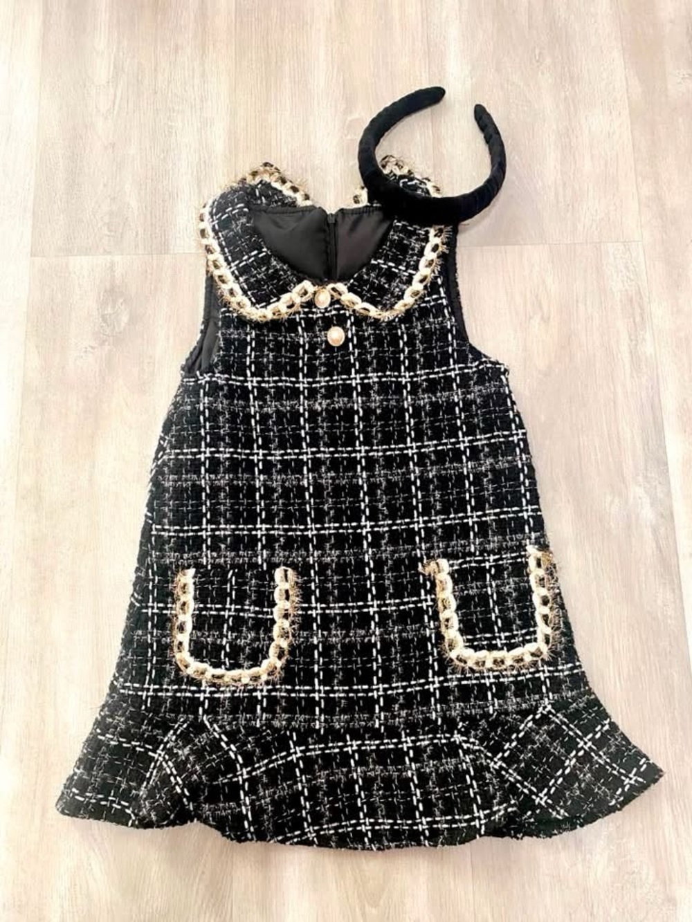 Classic Black Tweed Girls' Dress with Pearl Trim